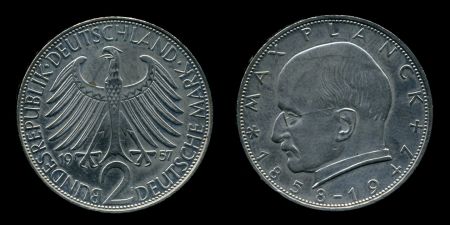 Германия • ФРГ 1957 г. F (Штутгарт) • KM# 116 • 2 марки • Макс Планк • регулярный выпуск • BU