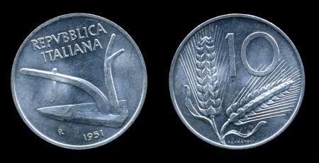 Италия 1951 г. R KM# 93 • 10 лир • колосья пшеницы • регулярный выпуск(первый год) • MS BU Люкс!!