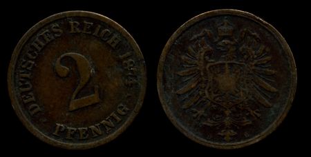Германия 1874 г. D (Мюнхен) • KM# 2 • 2 пфеннига • регулярный выпуск • XF ( кат. - $30 )