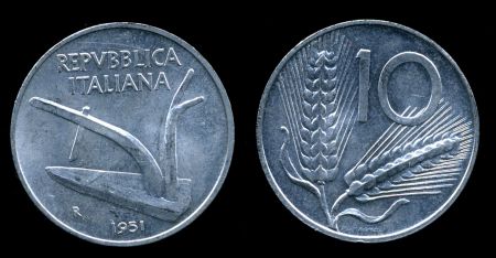 Италия 1951 г. R KM# 93 • 10 лир • колосья пшеницы • регулярный выпуск(первый год) • MS BU