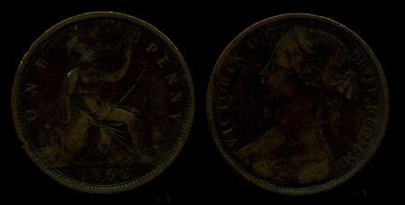 Великобритания 1862 г. • KM# 749.2 • 1 пенни • королева Виктория • регулярный выпуск • VF+ ( кат. - $25+ )