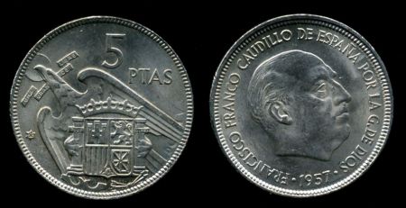 Испания 1957(62) гг. • KM# 786 • 5 песет • Франко • регулярный выпуск • MS BU ( кат. - $20 )