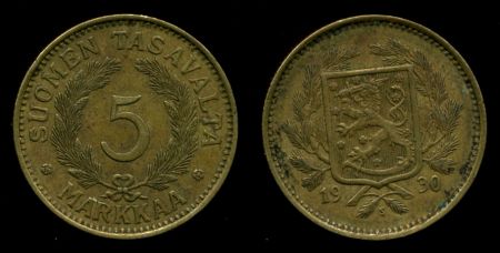Финляндия 1930 г. S • KM# 31 • 5 марок • финский "лев" • регулярный выпуск • UNC ( кат. - $50 )