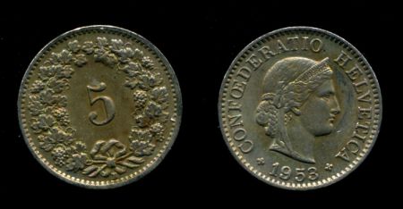 Швейцария 1953 г. B (Берн) • KM# 26 • 5 раппенов • регулярный выпуск • UNC ( кат.- $10,00 )