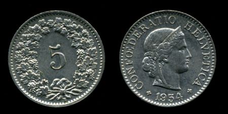 Швейцария 1954 г. B (Берн) • KM# 26 • 5 раппенов • регулярный выпуск • UNC ( кат.- $16,00 )