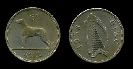 Ирландия 1958 г. • KM# 13a • 6 пенсов • ирландский вольфхаунд • регулярный выпуск • MS BU