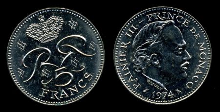Монако 1971-1995 г. KM# 150 • 5 франков • Ренье III • герб княжества • регулярный выпуск • MS BU