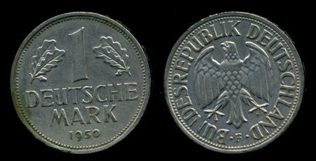 Германия • ФРГ 1950 г. F (Штутгарт) • KM# 110 • 1 марка • регулярный выпуск • AU+ ( кат.- $ 12+ )