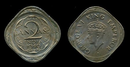 Британская Индия 1946 г. (Бомбей) • KM# 542 • 2 анны • Георг VI • регулярный выпуск • MS BU ( кат. - $10 )