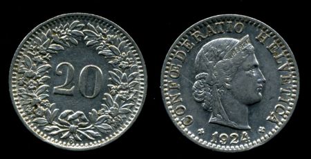 Швейцария 1924 г. B (Берн) • KM# 29a • 20 раппенов • регулярный выпуск • AU ( кат.- $35,00 ) 