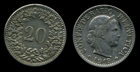 Швейцария 1919 г. B (Берн) • KM# 29a • 20 раппенов • регулярный выпуск • AU+ ( кат.- $25,00 ) 