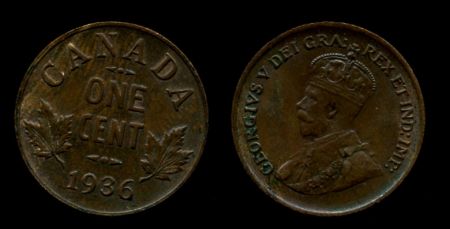 Канада 1936 г. • KM# 28 • 1 цент • Георг V • регулярный выпуск • MS