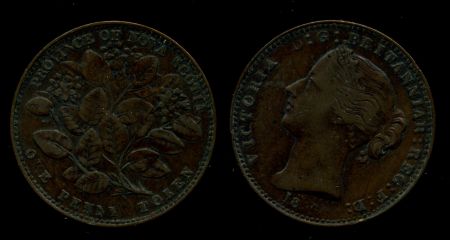 Новая Шотландия 1856 г. • KM# 6 • 1 пенни • цветы • торговый жетон • XF-AU