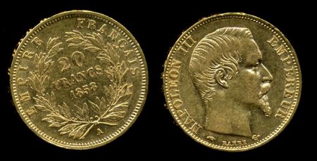 Франция 1858 г. A(Париж) • KM# 781.1 • 20 франков • Наполеон III • золото 900 - 6.45 гр. • регулярный выпуск • AU ( кат. - $300+ )