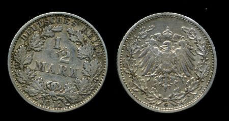 Германия 1913 г. G(Карлсруэ) • KM# 17 • ½ марки • Имперский орел • регулярный выпуск • UNC ( кат. - $80 )