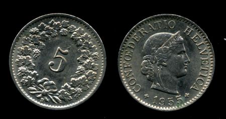 Швейцария 1955 г. B (Берн) • KM# 26 • 5 раппенов • регулярный выпуск • BU ( кат.- $12,00 )