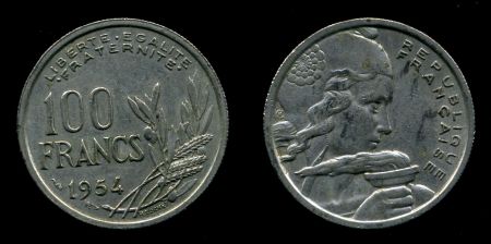 Франция 1955 г. • KM# 919.1 • 100 франков • "Свобода с факелом" • регулярный выпуск • MS BU ( кат.- $ 10 )
