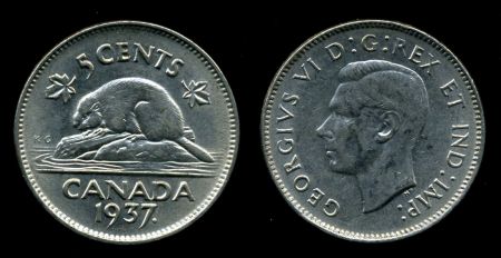 Канада 1937 г. • KM# 33 • 5 центов • Георг VI • бобер • MS BU ( кат. - $25 )