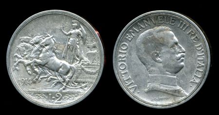 Италия 1914 г. • KM# 55 • 2 лиры • Виктор Эммануил III • серебро • регулярный выпуск • XF+