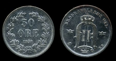 Швеция 1878 г. E.B. • KM# 740 • 50 эре • королевская монограмма • серебро • регулярный выпуск • XF ( кат. - $200 )