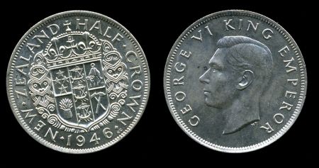Новая Зеландия 1946 г. • KM# 11 • полкроны • Георг VI • герб доминиона • серебро • регулярный выпуск • MS BU ( кат. - $110-180 )