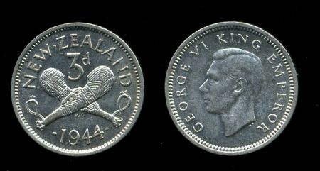 Новая Зеландия 1944 г. • KM# 7 • 3 пенса • серебро • регулярный выпуск • BU (кат - $15 )