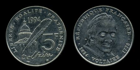 Франция 1994 г. • KM# 1063 • 5 франков • Вольтер (300 лет со дня рождения) • памятный выпуск • XF - AU