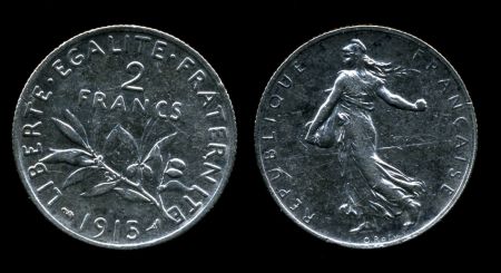 Франция 1915 г. • KM# 845.1 • 2 франка "Марианна" серебро • регулярный выпуск • XF