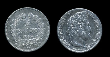 Франция 1842 г. B(Руан) • KM# 740.2 • ¼ франка • Луи-Филипп I • серебро • регулярный выпуск • VF