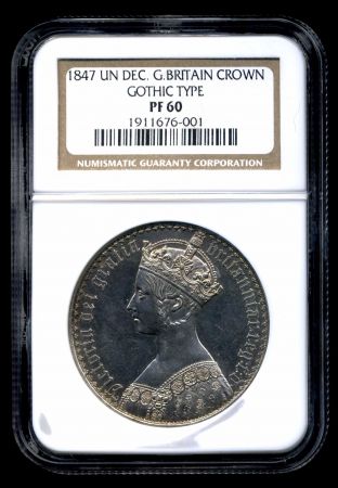 АНГЛИЯ 1844г. SP# 3883 / КРОНА ГОТИЧЕСКАЯ СЕРЕБРО PROOF NGC-PF60