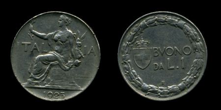 Италия 1923 г. R KM# 622 • 1 лира • "Италия" на троне • регулярный выпуск • XF ( кат. - $45 ) 