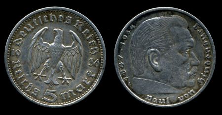 Германия 3-й рейх 1936 г. A (Берлин) KM# 86 • 5 рейхсмарок • (серебро) • символ Рейха • Гинденбург • регулярный выпуск • AU