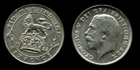 Великобритания 1922 г. • KM# 815a.1 • 6 пенсов • Георг V • регулярный выпуск • AU