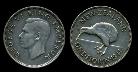 Новая Зеландия 1941 г. • KM# 10.1 • флорин • Георг VI • птица киви • серебро • регулярный выпуск • XF+