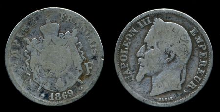 Франция 1869 г. A (Париж) KM# 807.1 • 2 франка • император Наполеон III • серебро • регулярный выпуск • VG