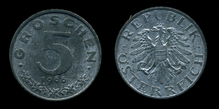 Австрия 1966 г. • KM# 2875 • 5 грошей • герб • регулярный выпуск • MS BU