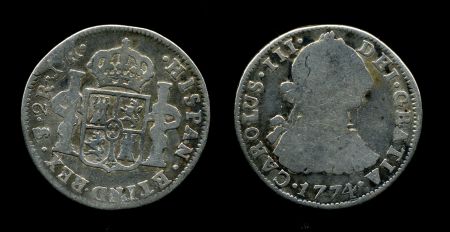 Боливия 1774 г. • KM# 53 • 2 реала • Карл III • серебро • регулярный выпуск • F-
