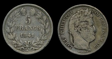 Франция 1841 г. BB(Страсбург) • KM# 749.3 • 5 франков • Луи-Филипп I • серебро • регулярный выпуск • VF