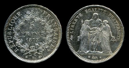 Франция 1873 г. A(Париж) KM# 820.1 • 5 франков • Геркулес и девы • серебро • регулярный выпуск • XF