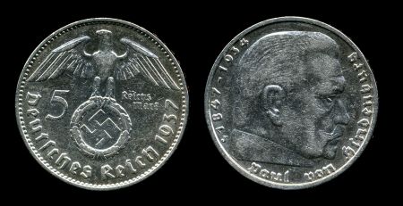 Германия • 3-й рейх 1937 г. J (Гамбург) • KM# 94 • 5 рейхсмарок • (серебро) • символ Рейха • Гинденбург • регулярный выпуск • AU+ ( кат. - $30+ )