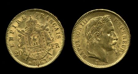 Франция 1863 г. BB(Страсбург) • KM# 801.2 • 20 франков • Наполеон III • золото 900 - 6.45 гр. • регулярный выпуск • MS BU