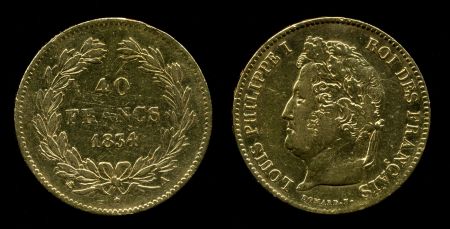 Франция 1834 г. A(Париж) • KM# 747.1 • 40 франков • Луи-Филипп I • золото • регулярный выпуск • XF- ( кат. - $950- )