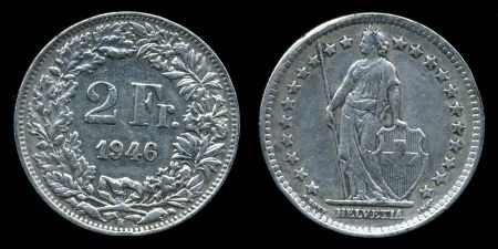 Швейцария 1946 г. B (Берн) • KM# 21 • 2 франка • серебро • регулярный выпуск • XF+