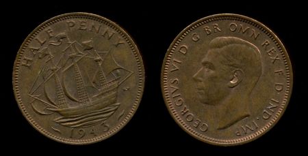 Великобритания 1943 г. • KM# 844 • пол пенни • Георг VI • регулярный выпуск • MS BU ( кат. - $10 )