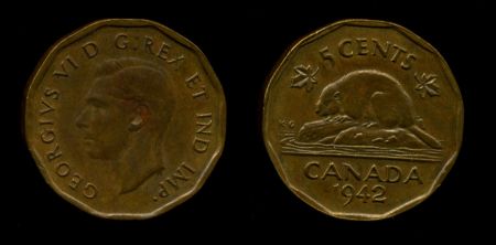 Канада 1942 г. • KM# 39 • 5 центов • Георг VI • бобер • MS BU ( кат. - $15 )