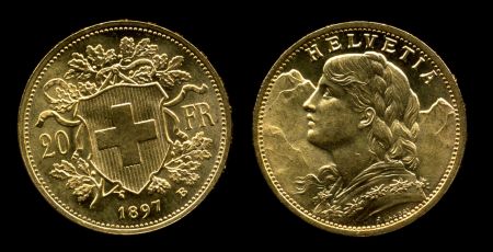 Швейцария 1897 г. B • KM# 35.1 • 20 франков • золото 900 - 6.45 гр. • регулярный выпуск • MS BU Люкс!!