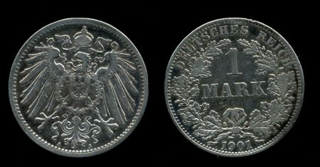Германия 1901 г. A (Берлин) • KM# 14 • 1 марка • (серебро) • Имперский орел • регулярный выпуск • XF-