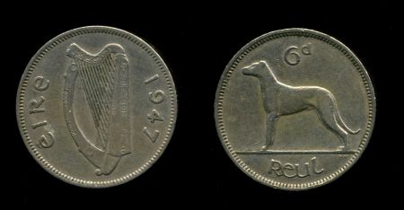Ирландия 1947 г. • KM# 13a • 6 пенсов • ирландский вольфхаунд • регулярный выпуск • XF