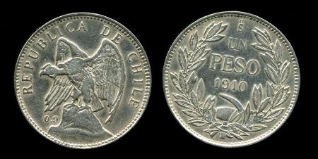 Чили 1910 г. • KM# 153.4 • 1 песо • Кондор на скале • серебро • регулярный выпуск • XF+