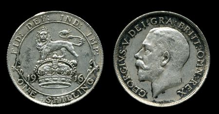 Великобритания 1916 г. • KM# 816 • 1 шиллинг • Георг V • британский лев • регулярный выпуск • XF- ( кат. - $35- )